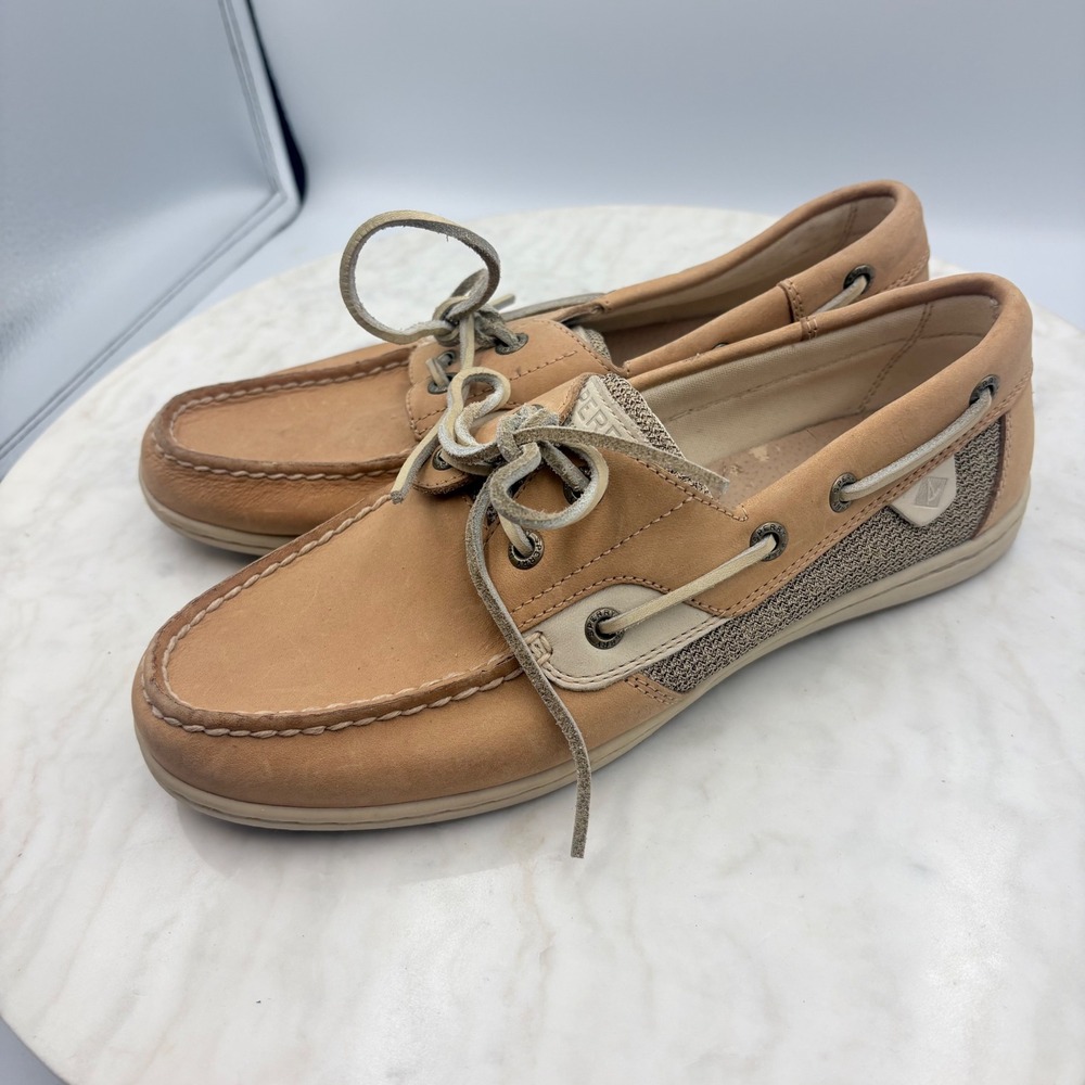 Sperry Boat Shoes Women 8M Tan Leather Mesh Loafers Preppy Coastal Slip On